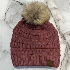 C.C Women's Dusty Rose Knit Beanie with Faux Fur Pom-Pom